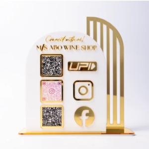 QR Standee –  White Acrylic Social Media QR Stand | Custom Business QR Display